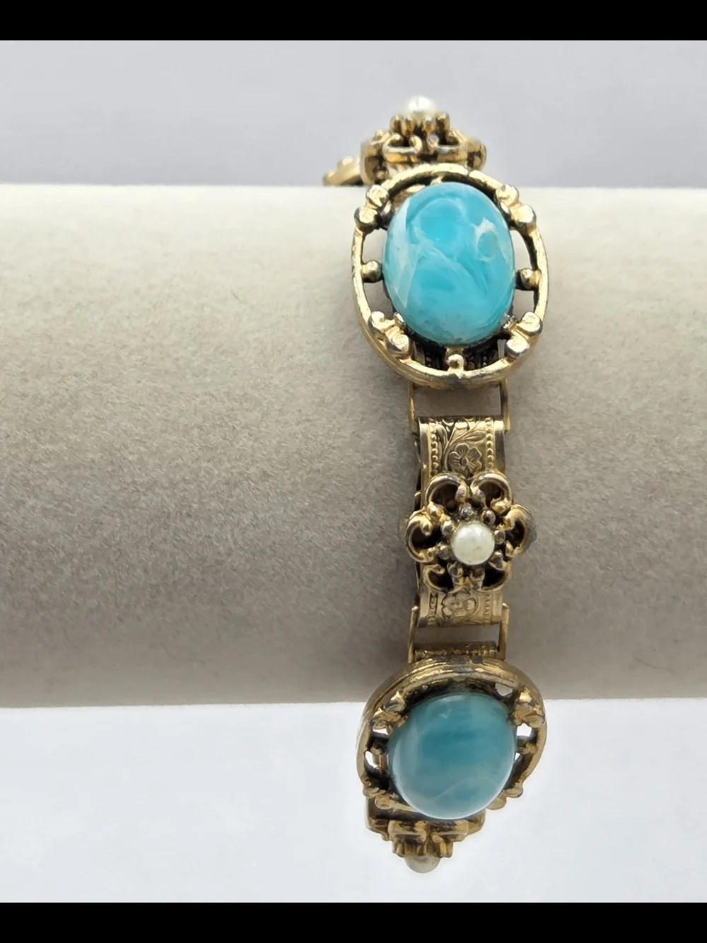 Vintage Gold Tone Faux Turquoise Pearl Panel Bracelet Filigree Etched 7 Inches